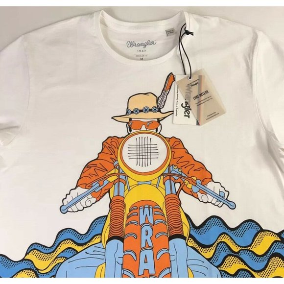Luke Mclean Mens Wrangler Graphic T-Shirt White Blue Crew Neck 100% Cotton M New - Picture 3 of 12